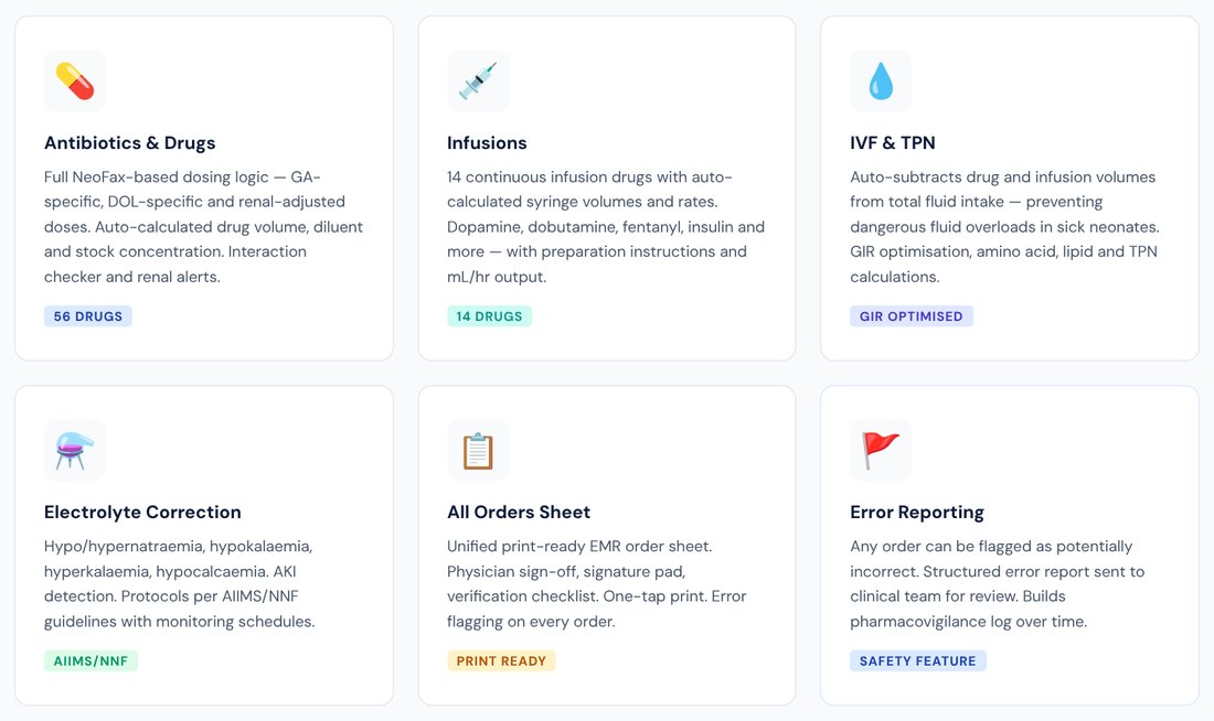 What NeoRx calculates: antibiotics and drugs, infusions, IVF and TPN, electrolyte correction, the all-orders sheet and error reporting